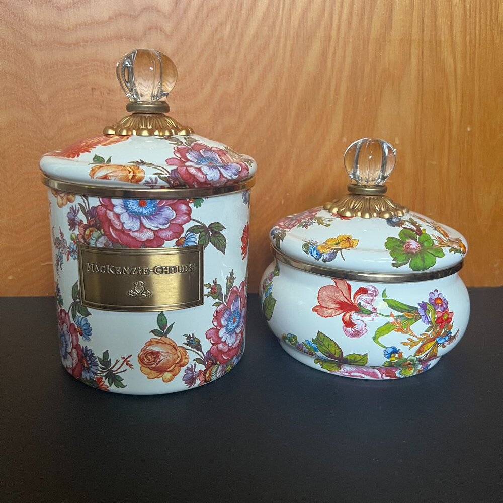 Mackenzie-Childs Flower Market Enamel Canisters Set of 2 Small and Squashed Pot